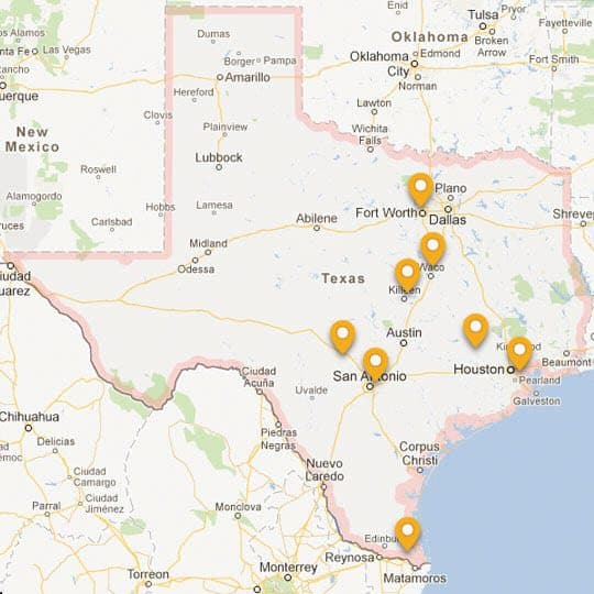 Map of Texas Displaying Receptionist Locations